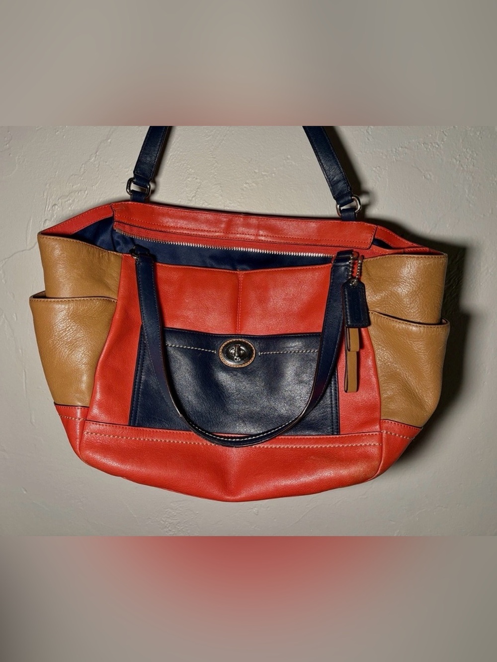 COACH Park Colorblock Carrie Leather Tote Bag F24065 Red Navy Camel Tan
